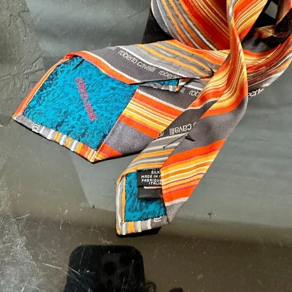 Roberto Cavalli Silk Tie Orange Gray Yellow Stripe Striped White Luxury